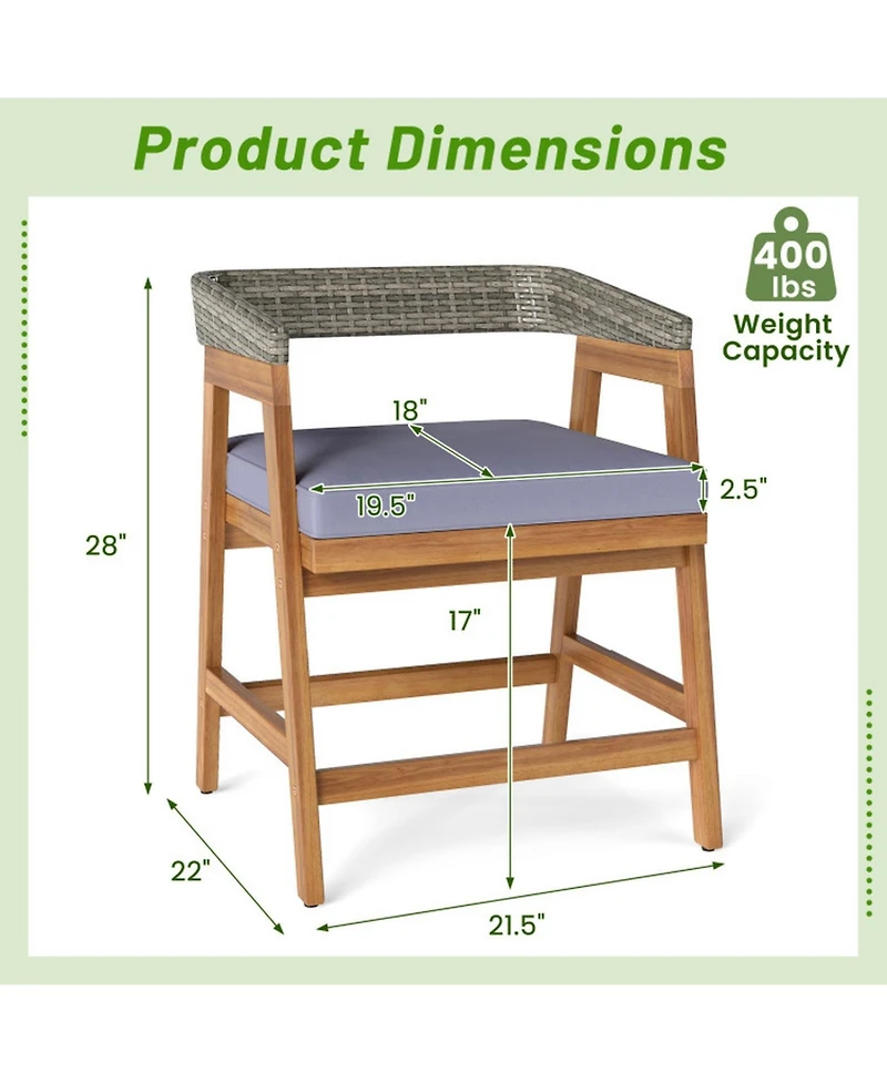 Gouun Acacia Wood and Wicker Outdoor Dining Chairs Set of 4 with Seat Cushions