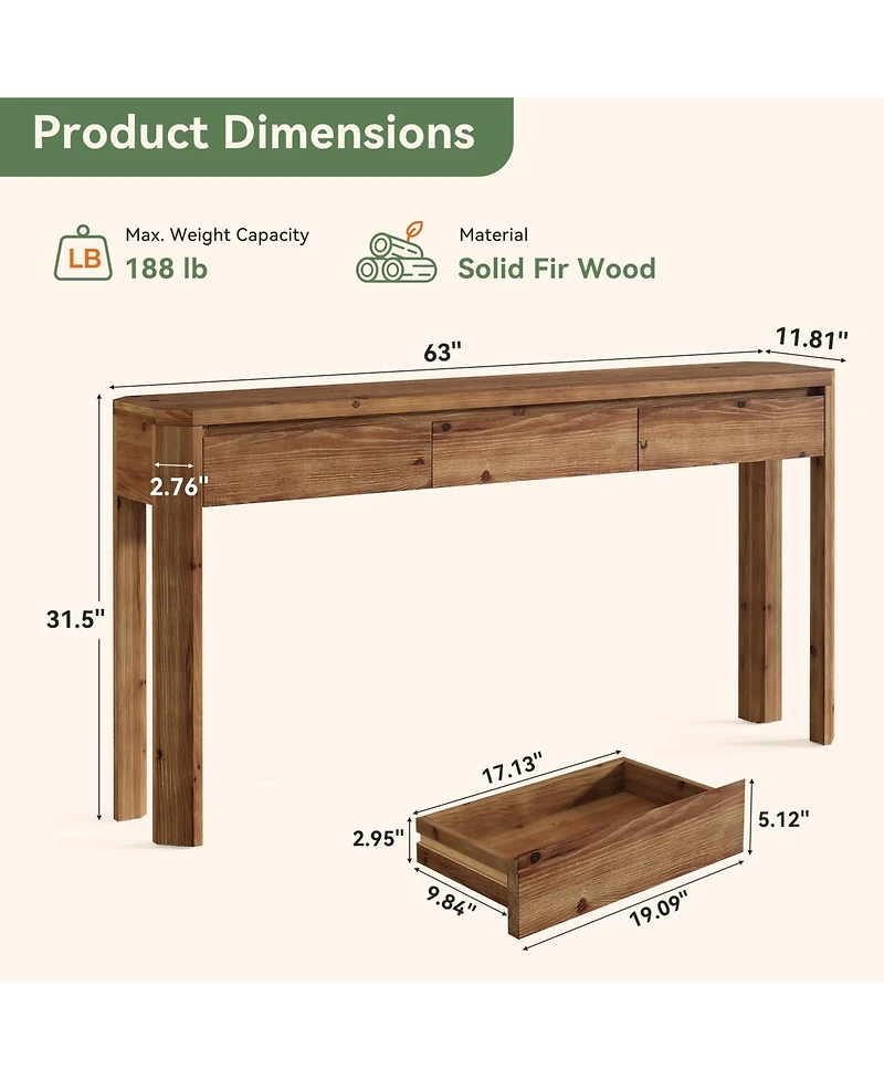 Tribesigns 63" Solid Wood Console Table with 3 Drawers, 63" Long Entryway Table with Rounded Corners, Narrow Sofa Table