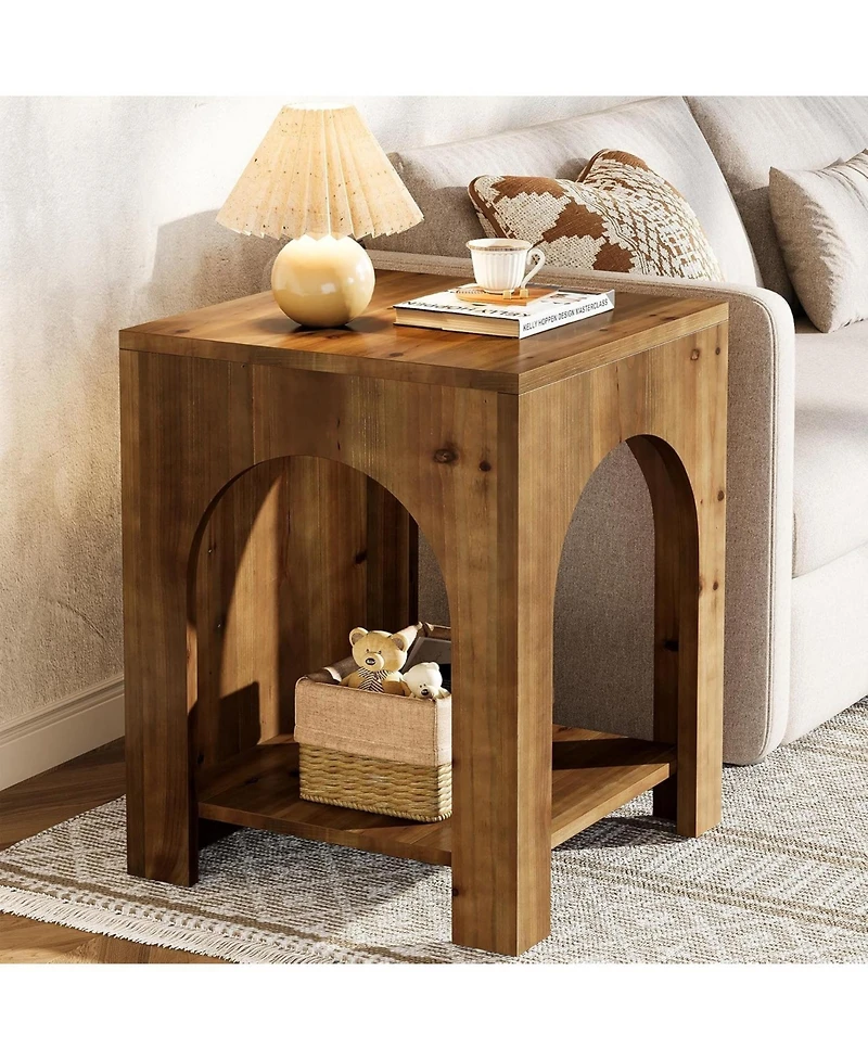 Tribesigns 2-Tier Storage Square Side Table, Farmhouse Wooden End Table with Arch Design, Small Nightstand