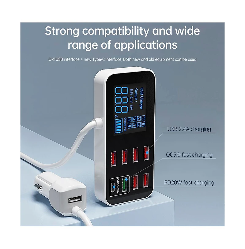 Artudatech 40W 8-Port Car Charger with PD20W Fast Charging and Digital Display
