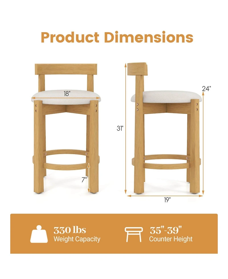 Costway 24" Counter Height Bar Stools Set of 2 with Backrests and Footrests for Dining Room