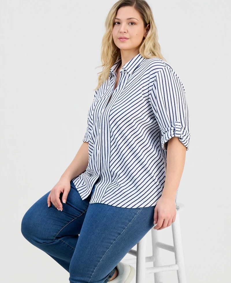 Style & Co Plus Striped Knit Roll-Tab Shirt, Macy's Exclusive