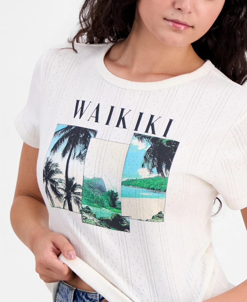Pretty Rebel Juniors' Waikiki Graphic Pointelle Cotton Top