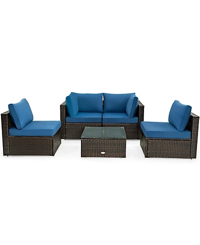 Gymax 5 Pieces Rattan Patio Conversation Set Sofa Furniture Set with Cushions