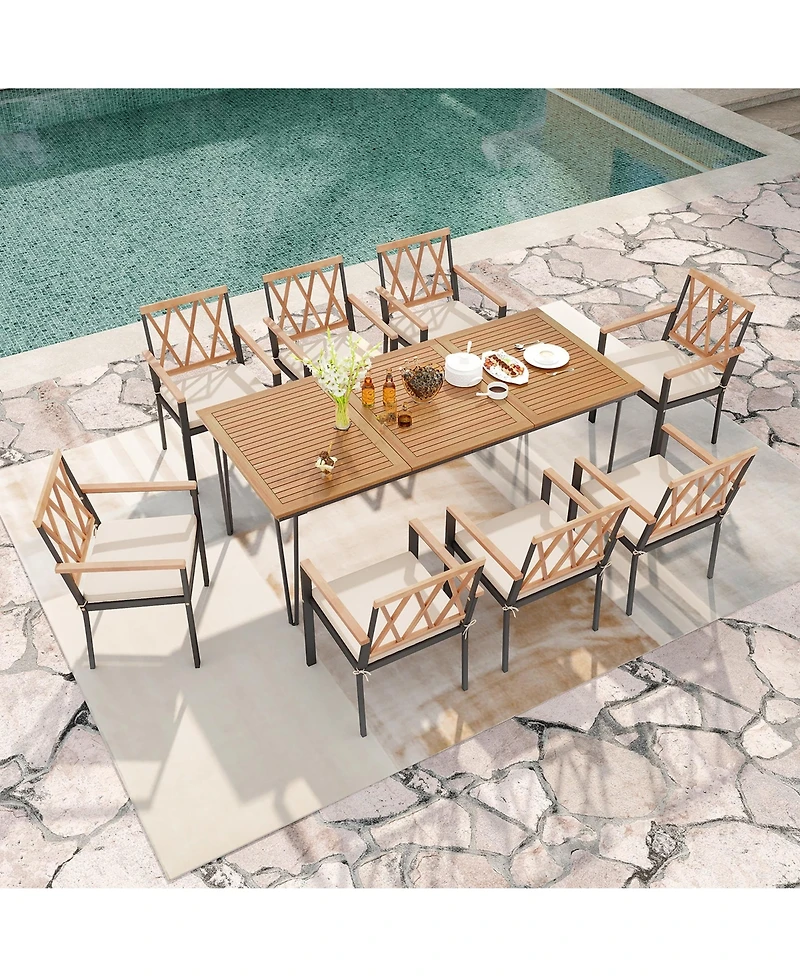Gymax 9 Pcs Patio Dining Set Rectangular Dining Table w/ Acacia Wood Top Umbrella Hole