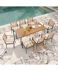 Gymax 9 Pcs Patio Dining Set Rectangular Dining Table w/ Acacia Wood Top Umbrella Hole
