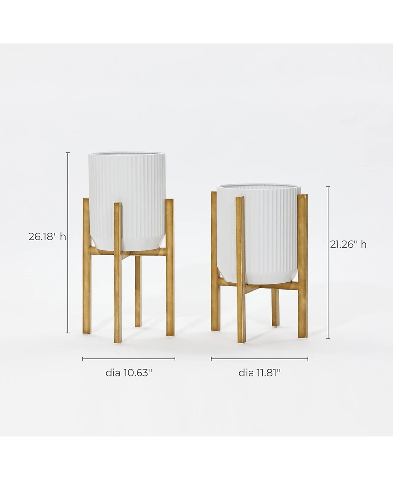 LuxenHome 2-Pc Textured Round White Metal Cachepot Planters with Gold Stands