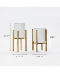 LuxenHome 2-Pc Textured Round White Metal Cachepot Planters with Gold Stands