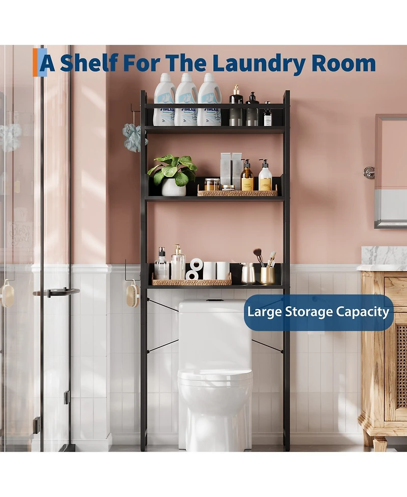 homfan Space-Saving 3-Tier Over Toilet Storage Rack - Freestanding Wooden Bathroom Organizer with Open Shelves and Basket