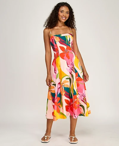 Alex & Sophia Juniors' Printed Poplin Square Neck Midi Dress