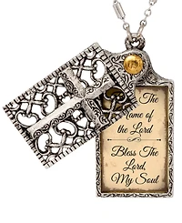 Symbols of Faith Silver Tone "Bless The Name." Rectangle Cross Locket 28" Necklace