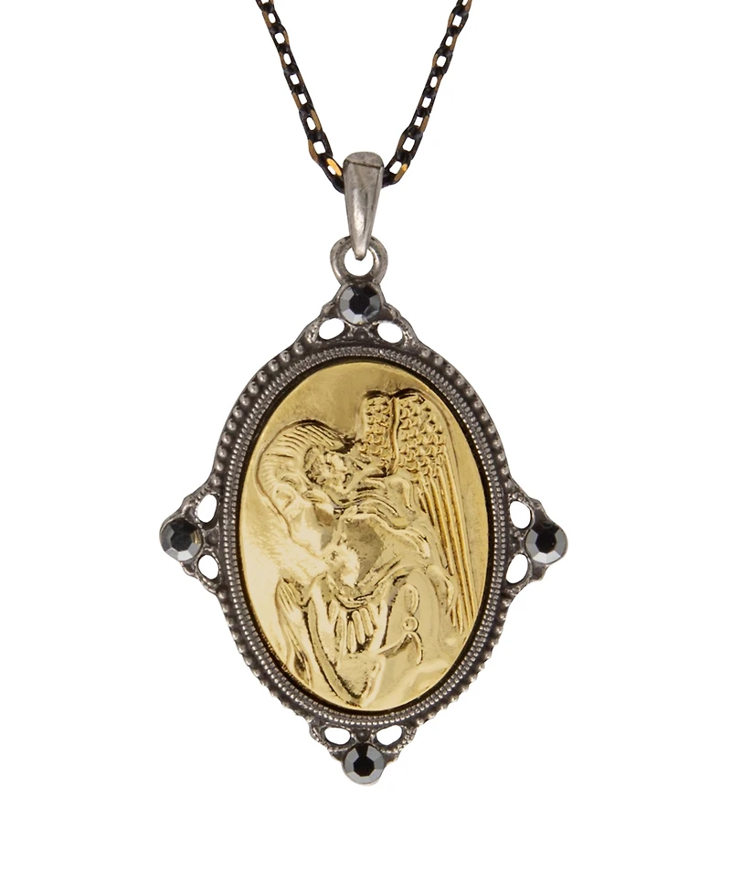 Symbols of Faith Black-Tone and 14K Gold-Dipped Guardian Angel Pendant Necklace
