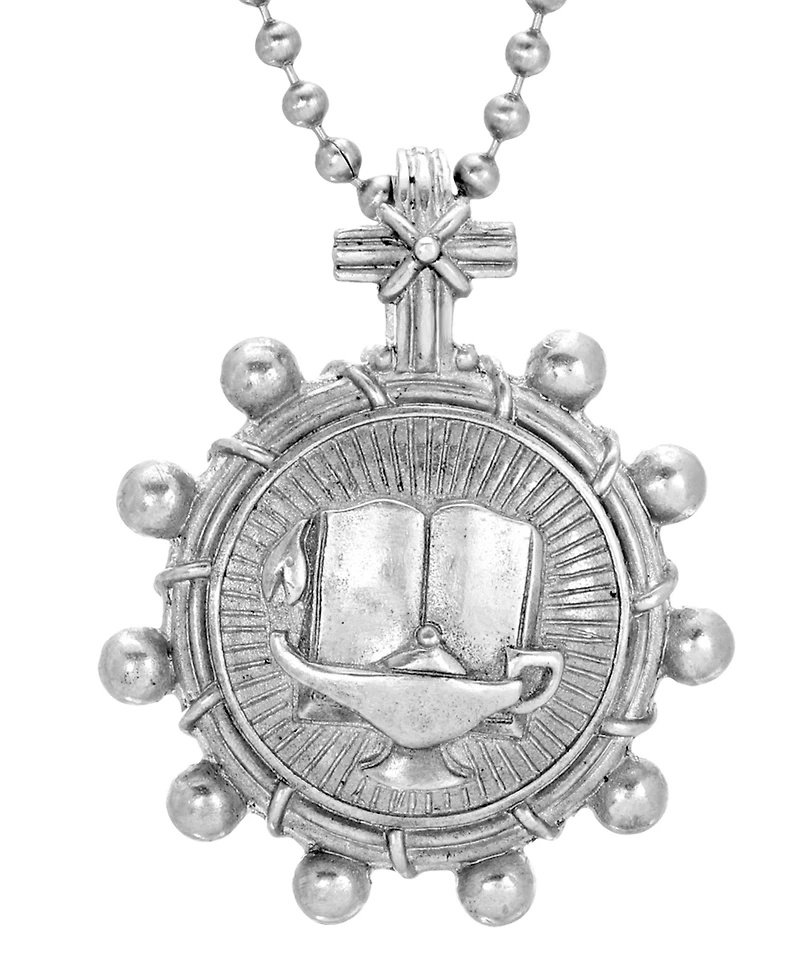 Symbols of Faith Pewter Round Black Enamel Cross and Lamp Design Necklace