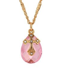 Symbols of Faith 14k Gold Dipped Rose Quartz Oval Glass Drop Crystal Cross 16"+3" Necklace