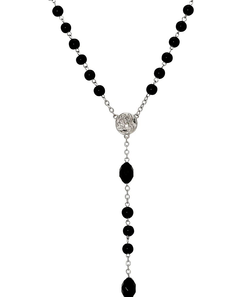 Symbols of Faith Silver Tone Black Glass Bead With Pewter Crucifix Rosary Necklace