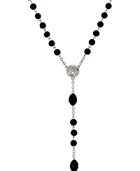 Symbols of Faith Silver Tone Black Glass Bead With Pewter Crucifix Rosary Necklace