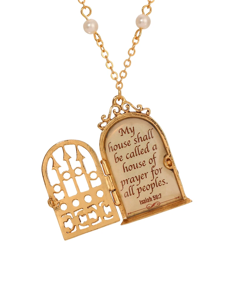 Symbols of Faith Gold Tone My Prayer House Locket Faux Pearl Chain Necklace