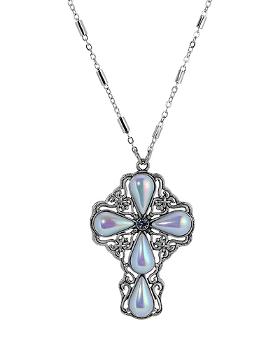 Symbols of Faith Silver Pewter-Tone Blue Ab Teardrop Crystal Pendant Cross 24" Necklace