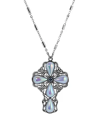 Symbols of Faith Silver Pewter-Tone Blue Ab Teardrop Crystal Pendant Cross 24" Necklace