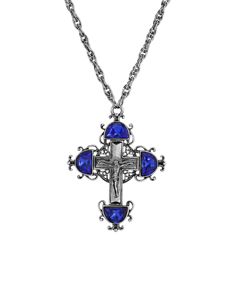 Symbols of Faith Silver Pewter-Tone Cross with Sapphire Crystals 28" Necklace