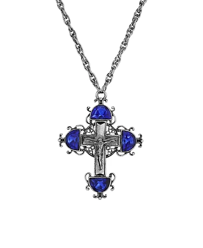 Symbols of Faith Silver Pewter-Tone Cross with Sapphire Crystals 28" Necklace