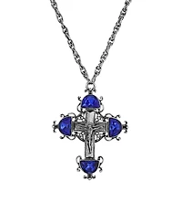 Symbols of Faith Silver Pewter-Tone Cross with Sapphire Crystals 28" Necklace
