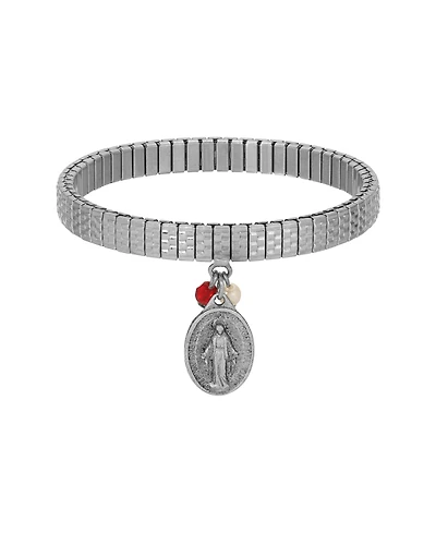 Symbols of Faith Silver Tone Oval Miraculous Medal Charm Pearl Red Bead Stretch Bracelet