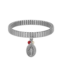 Symbols of Faith Silver Tone Oval Miraculous Medal Charm Pearl Red Bead Stretch Bracelet