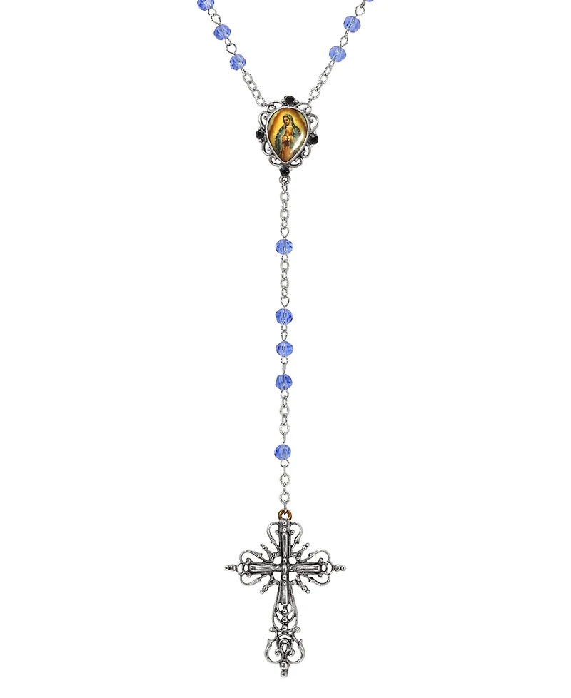 Symbols of Faith Silver-Tone Filigree Cross Lady of Gualalupe Decal Blue Beaded Chain Rosary