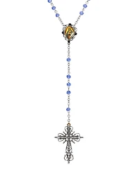 Symbols of Faith Silver-Tone Filigree Cross Lady of Gualalupe Decal Blue Beaded Chain Rosary