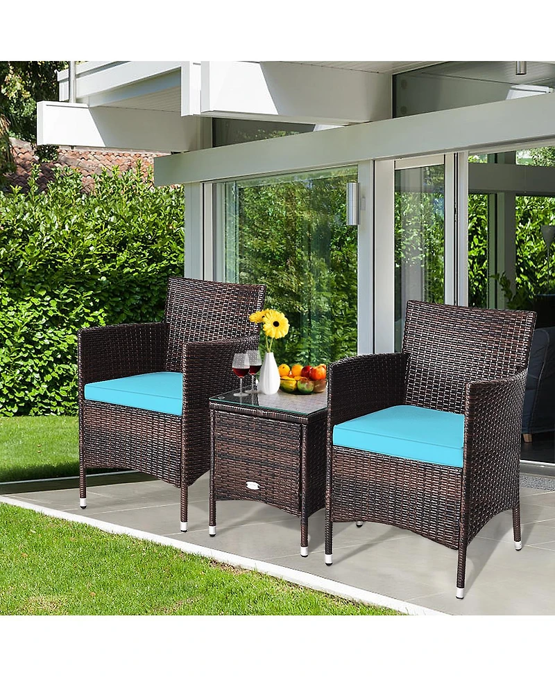 Gymax 3PCS Patio Rattan Chair & Table Furniture Set Outdoor w/ Beige Cushion