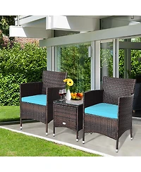 Gymax 3PCS Patio Rattan Chair & Table Furniture Set Outdoor w/ Beige Cushion