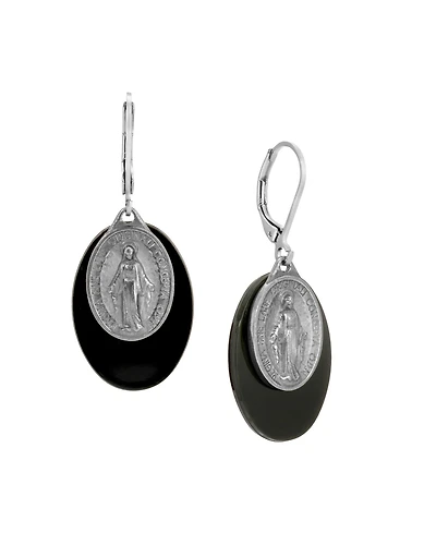 Symbols of Faith Silver Tone Oval Black Acrylic Stone Miraculous Medal Leverback Earrings