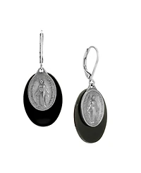 Symbols of Faith Silver Tone Oval Black Acrylic Stone Miraculous Medal Leverback Earrings