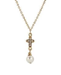 Symbols of Faith Gold-Tone Crystal Cross with Imitation Pearl Drop 16" Necklace