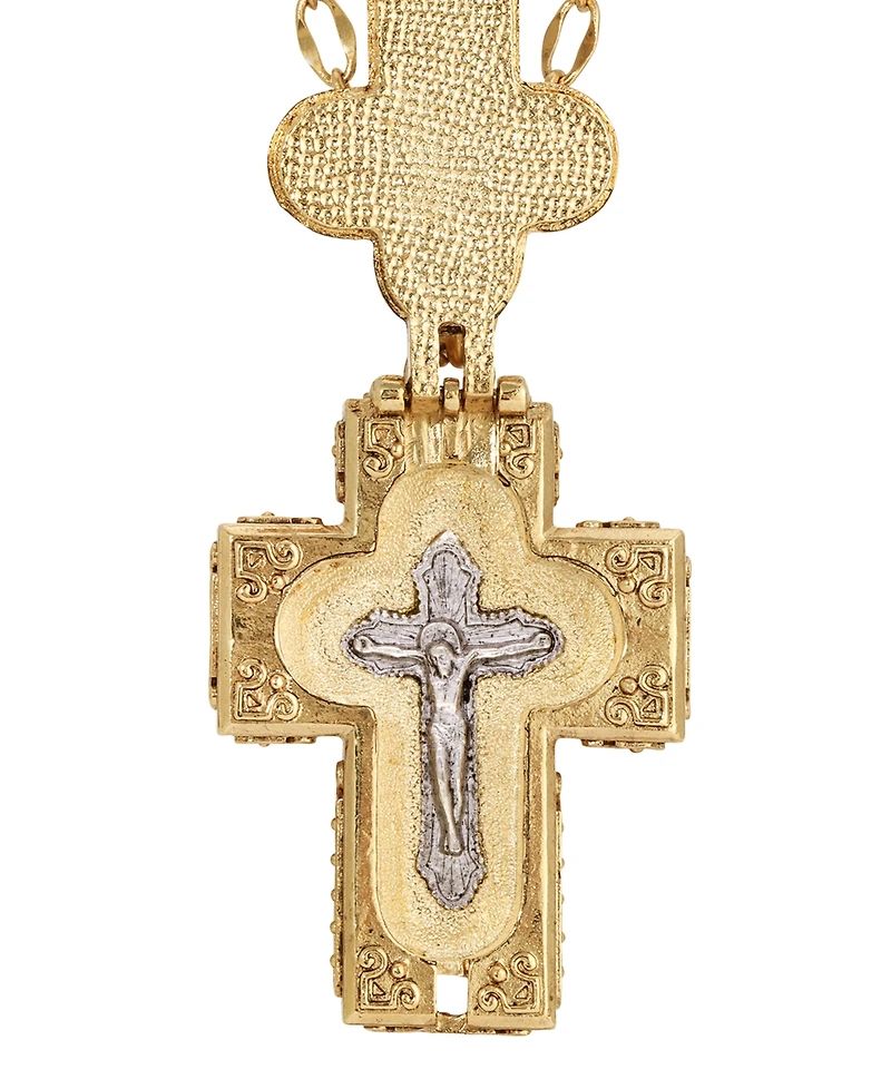 Symbols of Faith 14K Gold Dipped Aqua Blue Moonstone Cross Locket Pendant 32" Necklace