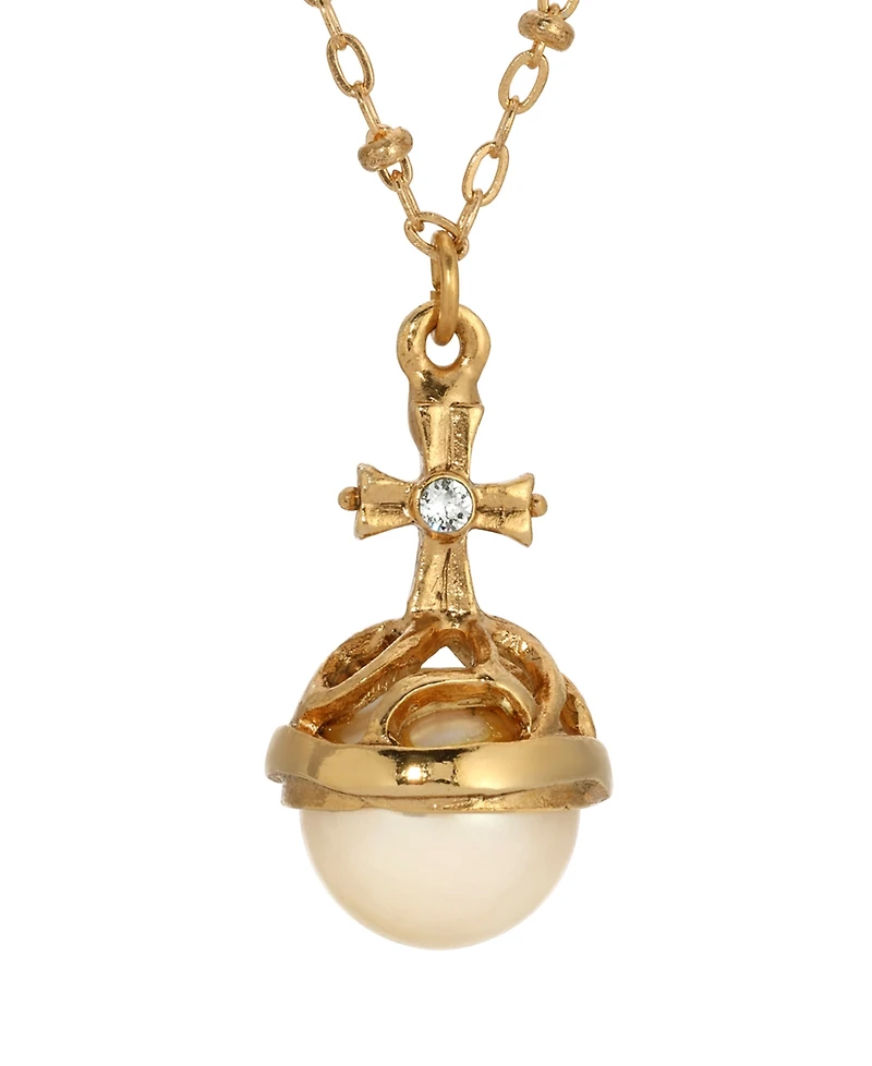 Symbols of Faith 14k Gold Dipped Imitation Pearl Stone Clear Crystal Cross 16" Necklace