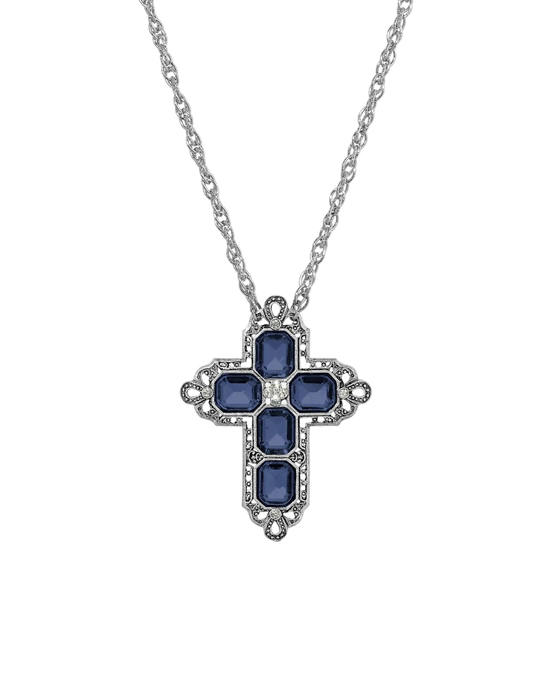 Symbols of Faith Pewter Rectangle Montana Crystal Cross Chain 20" Necklace