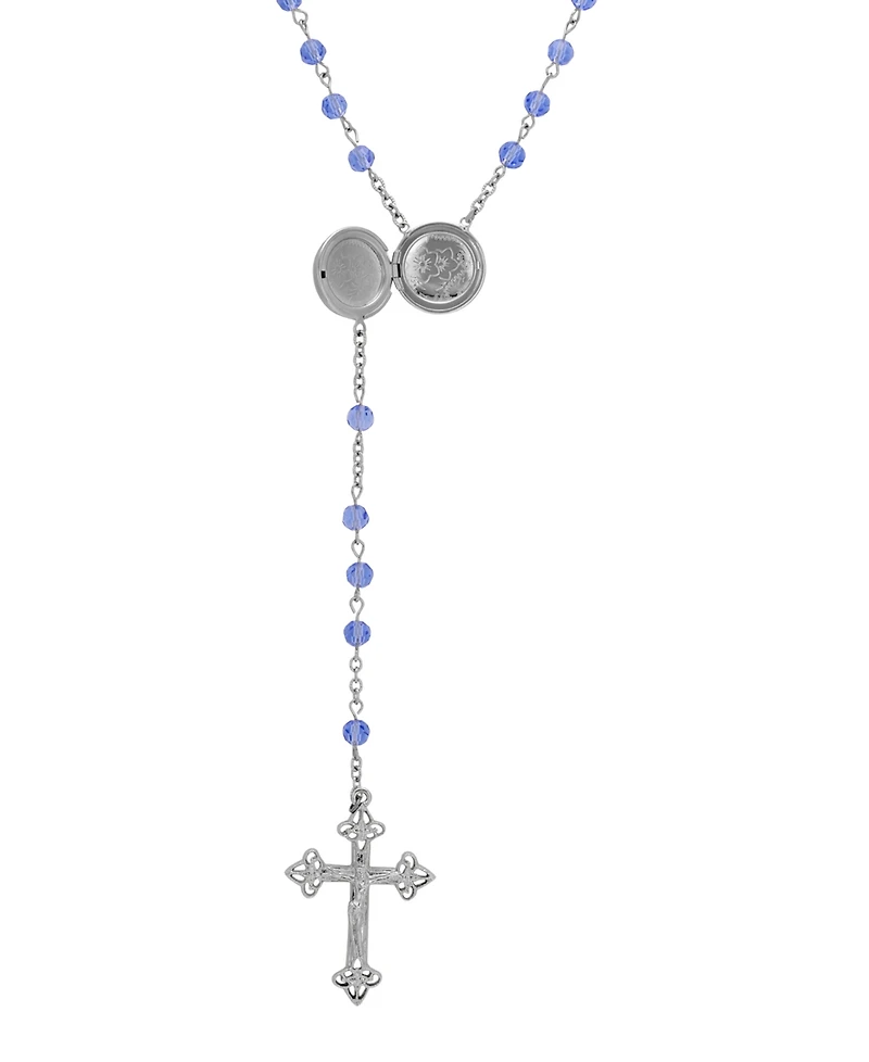 Symbols of Faith Silver Tone Blue Bead Virgin Mary Child Round Locket Rosary Necklace