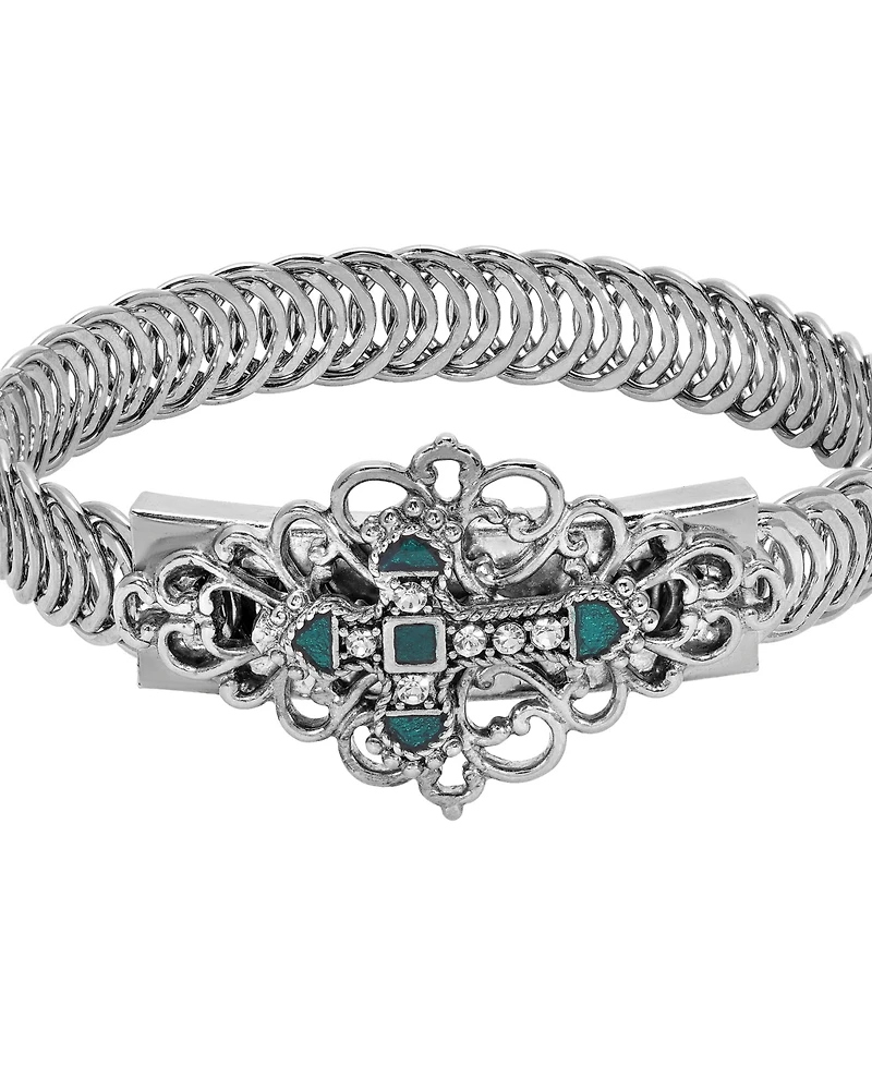 Symbols of Faith Silver Tone Green Enamel Cross Bracelet