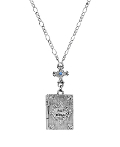 Symbols of Faith Silver Tone Cross Blue Sapphire Stone Bible Locket Holy Family 28" Necklace