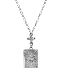 Symbols of Faith Silver Tone Cross Blue Sapphire Stone Bible Locket Holy Family 28" Necklace