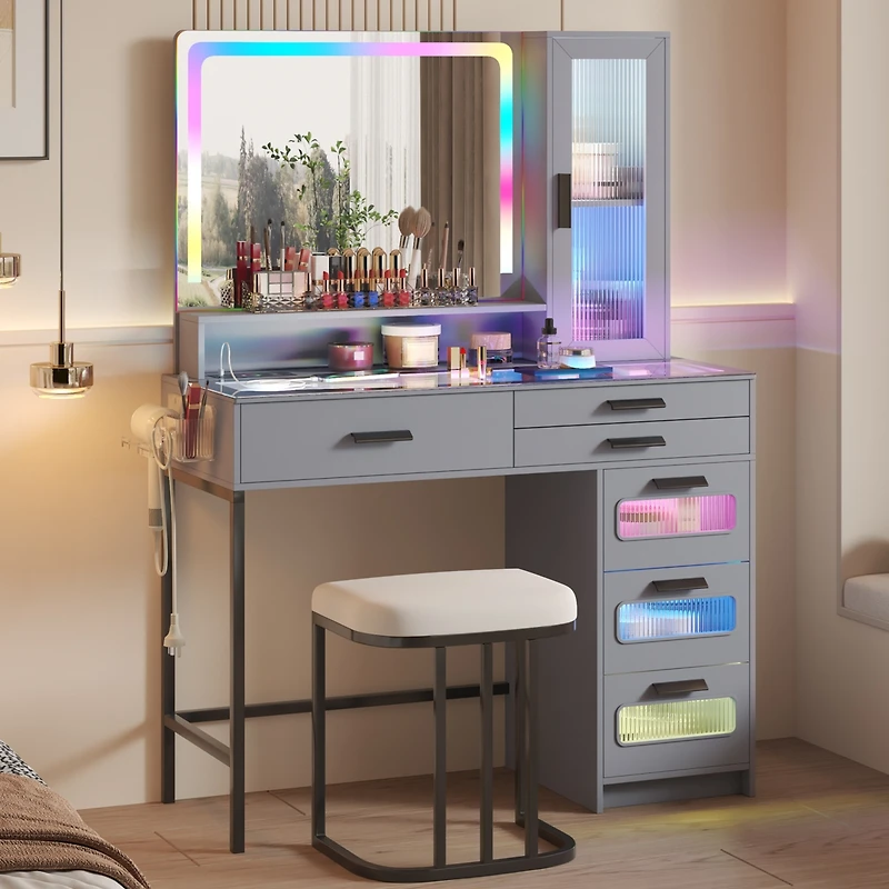 Vlsrka Led Vanity Desk Set with Rgb Mirror, Remote & Charging Station
