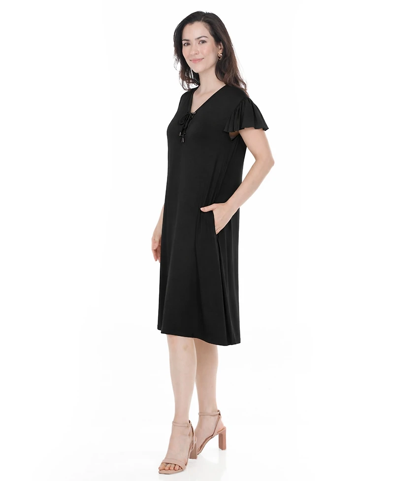 White Mark Women's V-Neck Tie Front Flutter-Sleeve Shift Dress