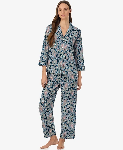 Lauren Ralph Women's Notch Collar Top and Ankle Length Pajama Pants, 2-Piece Set