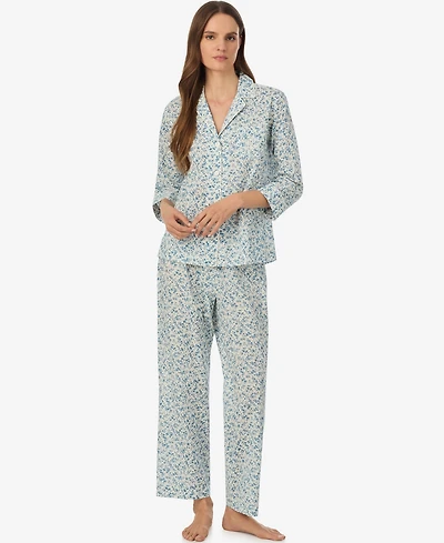 Lauren Ralph Women's Notch Collar Top and Ankle Length Pajama Pants, 2-Piece Set