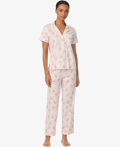 Lauren Ralph Women's Short-Sleeve Top and Ankle Length Pajama Pants, 2-Piece Set