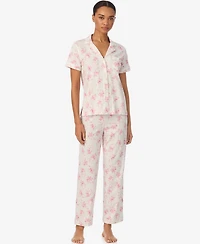 Lauren Ralph Women's Short-Sleeve Top and Ankle Length Pajama Pants, 2-Piece Set