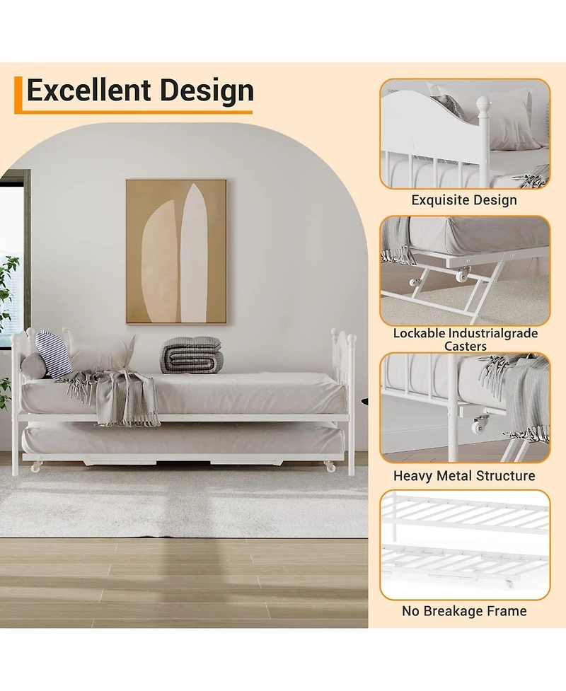 gaomon Twin Metal Daybed with Foldable Trundle, Space-Saving Sofa Bed with Heavy-Duty Steel Slats