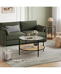 gaomon 30" 2-Tier Rattan Coffee Table with Water-Wave Glass